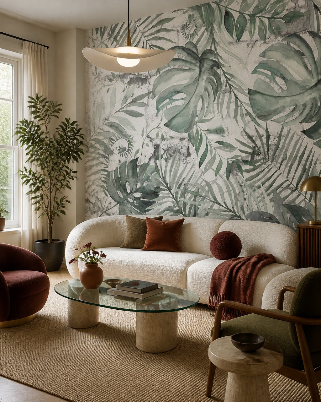 Monstera leaves wallpaper in a designer living room.