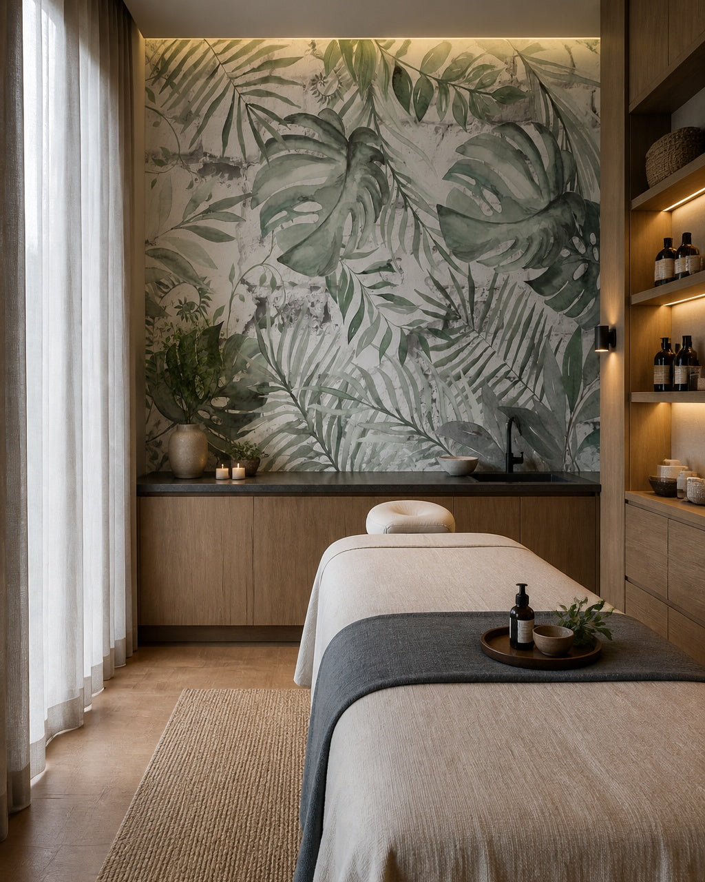 Monstera leaves wallpaper in a wellness spa.