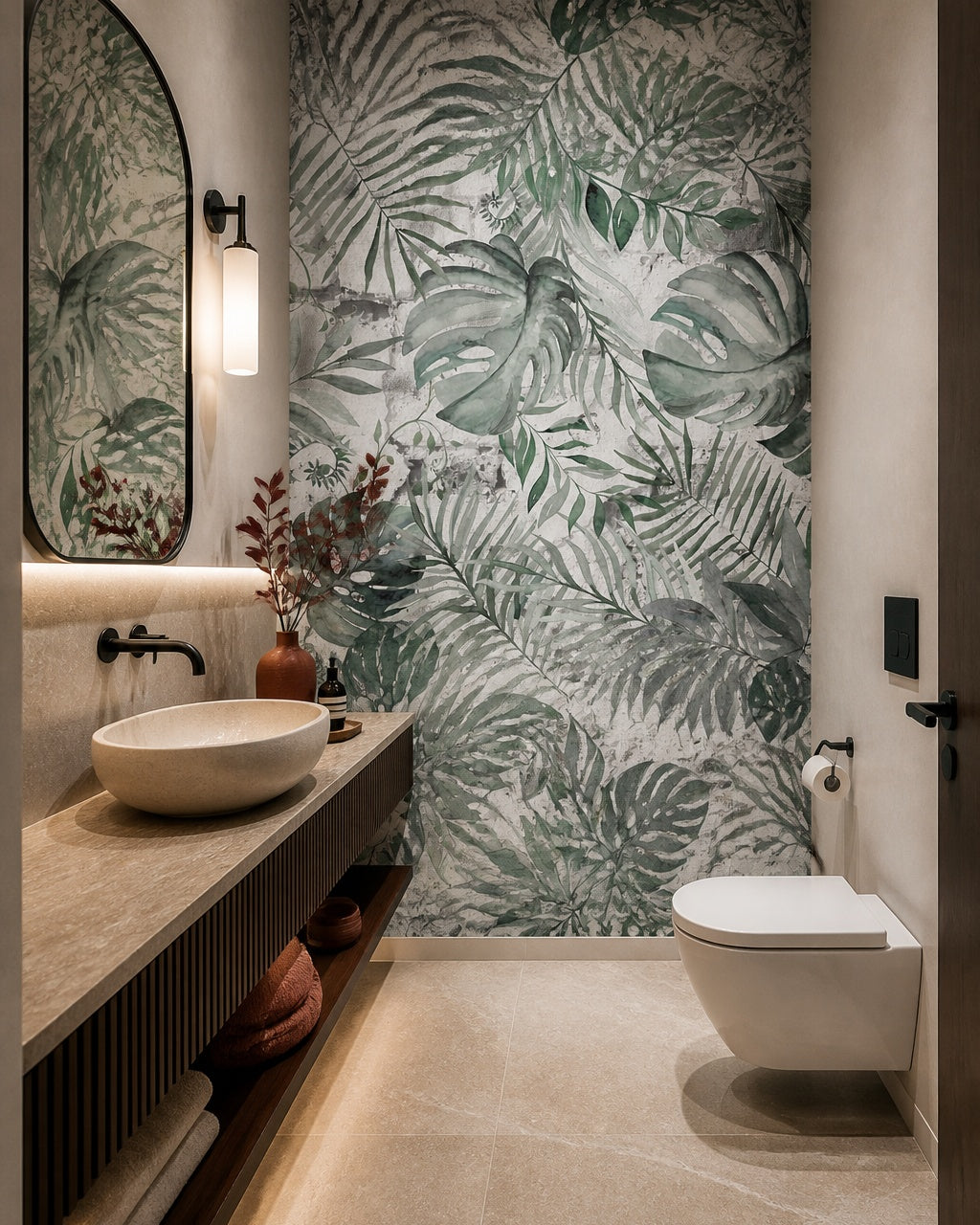 Monstera leaves wallpaper in an elegant powder room.