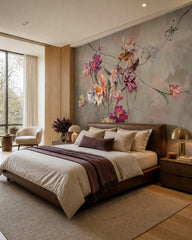 Painted tulips wallpaper in a designer bedroom.