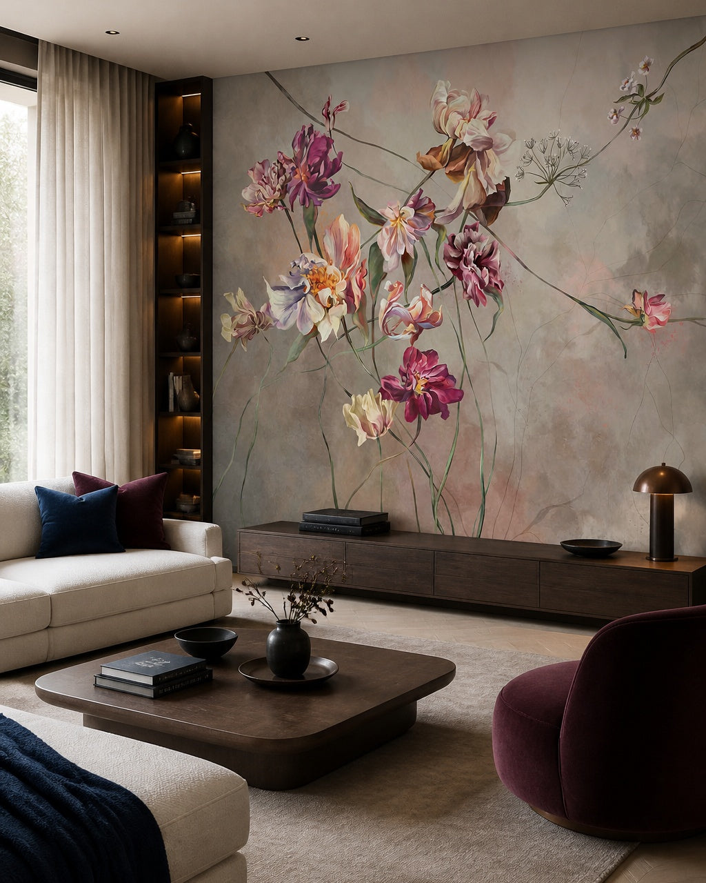 Painted tulips wallpaper in a designer living room.