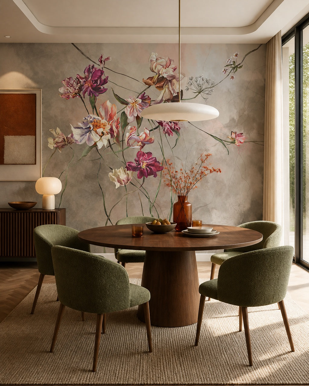 Painted tulips wallpaper in a refined dining area.