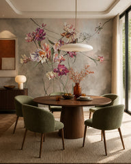 Painted tulips wallpaper in a refined dining area.