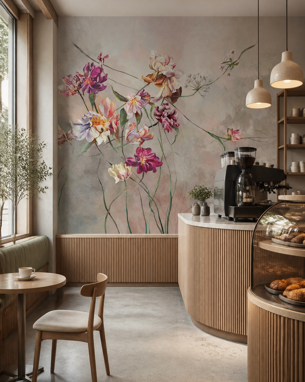 Painted tulips wallpaper in a specialty coffee shop.