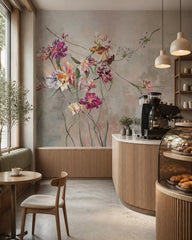 Painted tulips wallpaper in a specialty coffee shop.