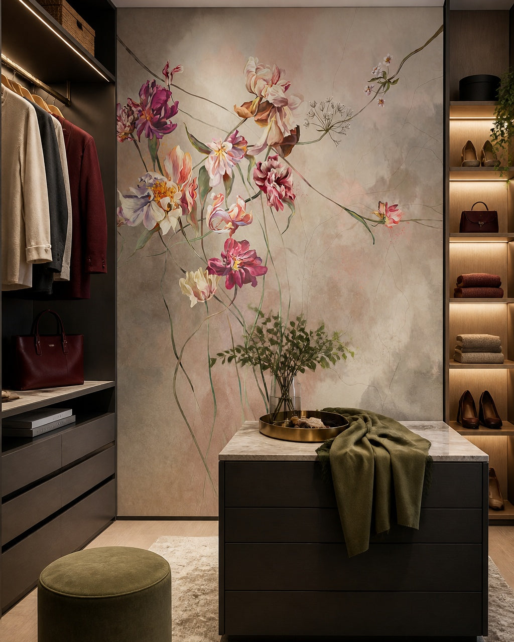 Painted tulips wallpaper in a walk-in wardrobe.