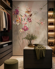 Painted tulips wallpaper in a walk-in wardrobe.