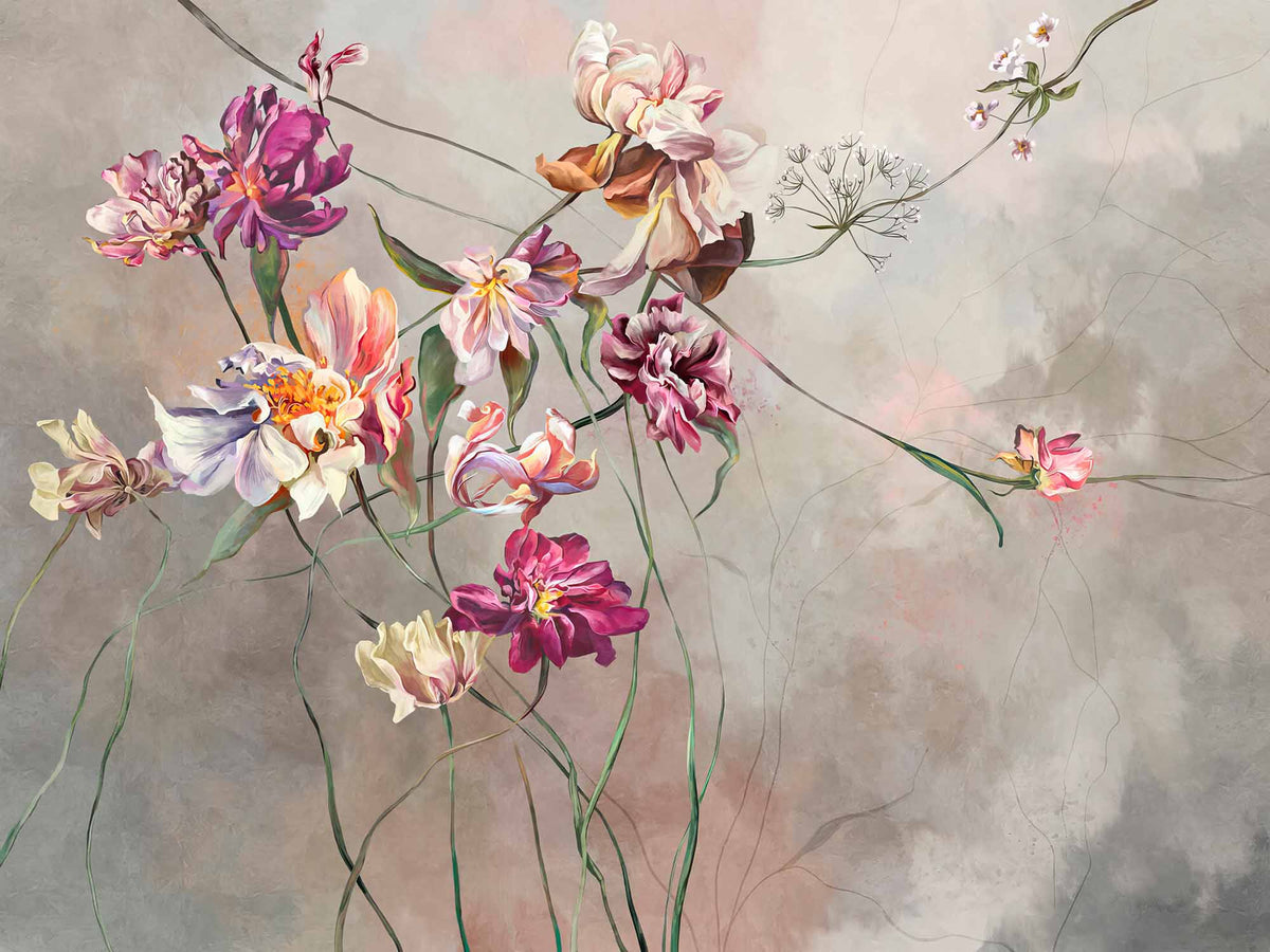 Fototapete Gemalte Tulpen – Bunte Gartenblumen auf Grau