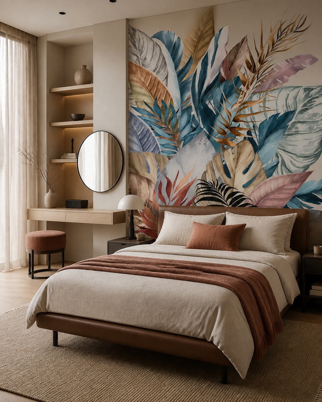 Colorful exotic leaves wallpaper in a designer bedroom.