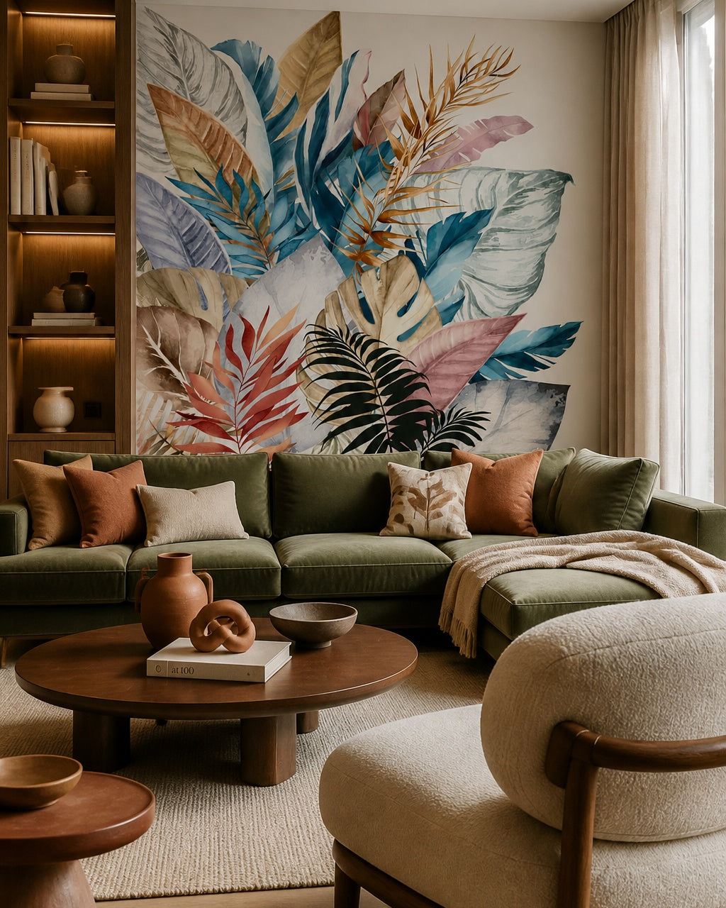 Colorful exotic leaves wallpaper in a designer living room.