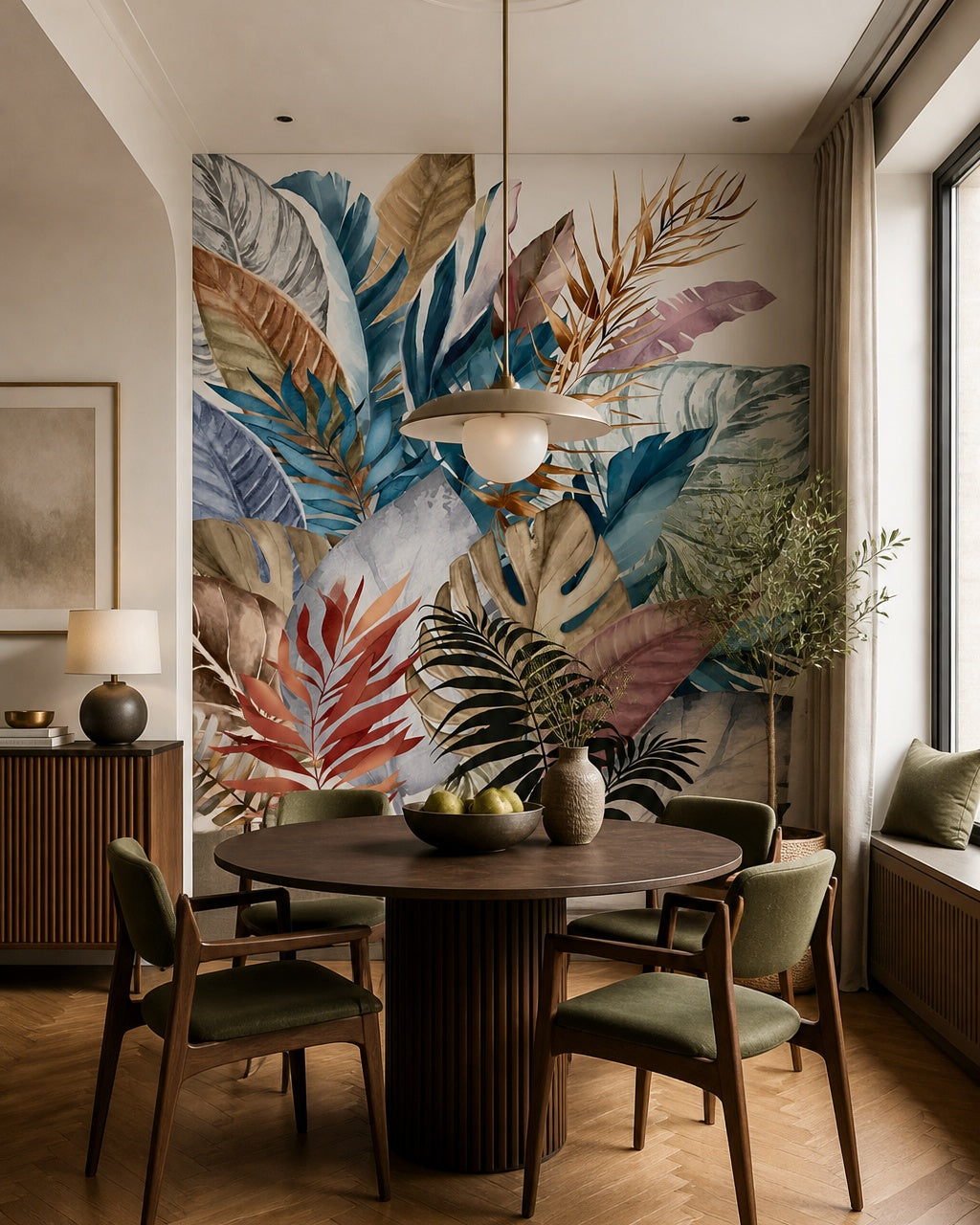 Colorful exotic leaves wallpaper in a refined dining area.