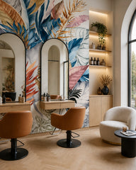 Colorful exotic leaves wallpaper in a beauty salon.