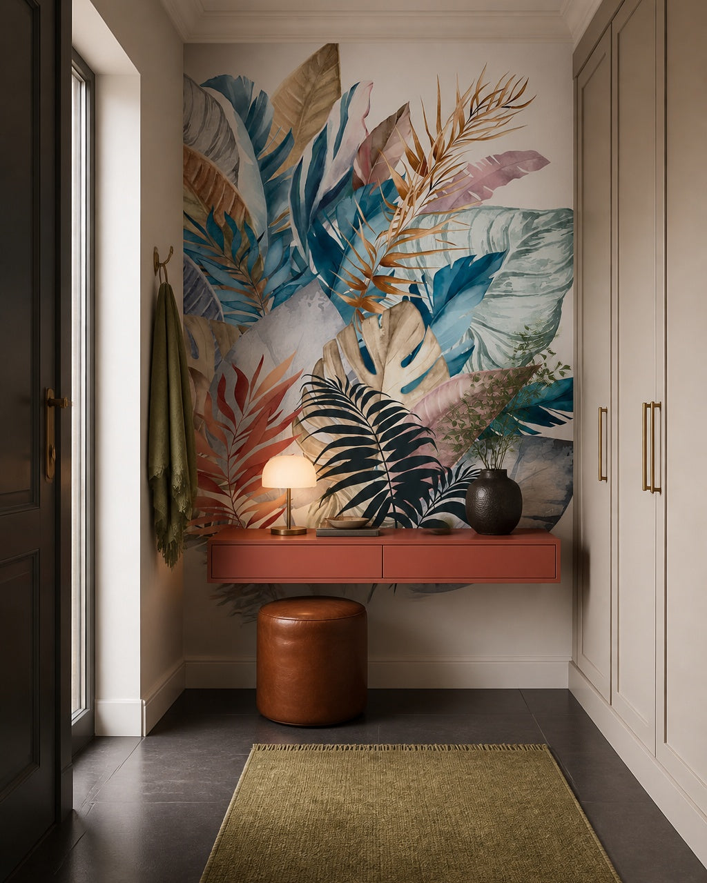 Colorful exotic leaves wallpaper in a designer entrance hall.