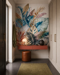Colorful exotic leaves wallpaper in a designer entrance hall.
