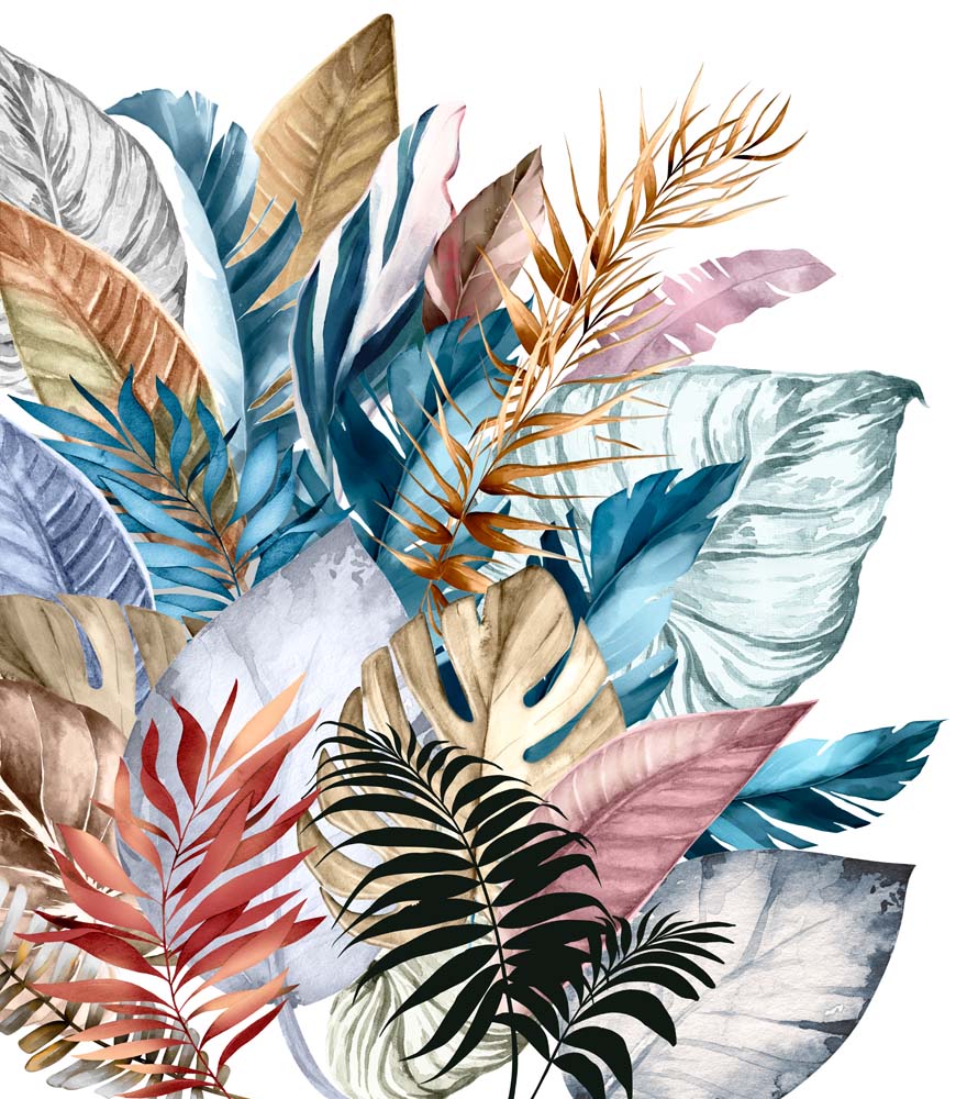 Papier peint feuilles exotiques colorées – Papier peint panoramique botanique tropical bleu, rose et or