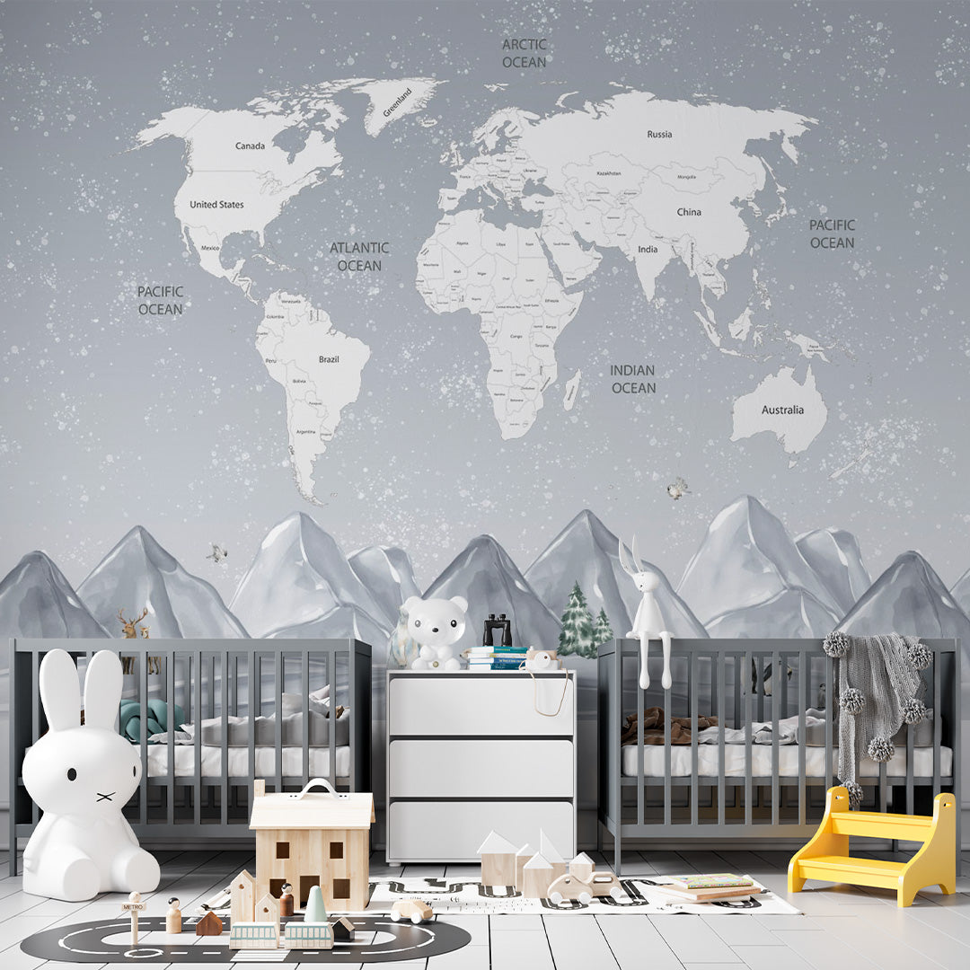 Kids World Map Polar Bear Wall Mural Decals Posters for Girls Boys Baby Wallpaper for Kids