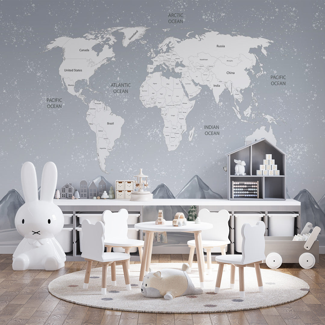 Kids World Map Polar Bear Wall Mural Decals Posters for Girls Boys Baby Wallpaper for Kids