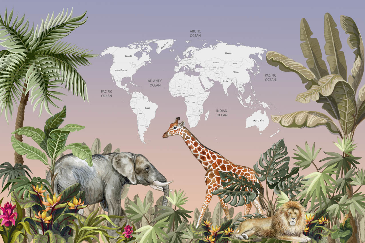 Kids World Map Tropic Animals Wall Mural Decals Posters for Girls Boys Baby Wallpaper for Kids