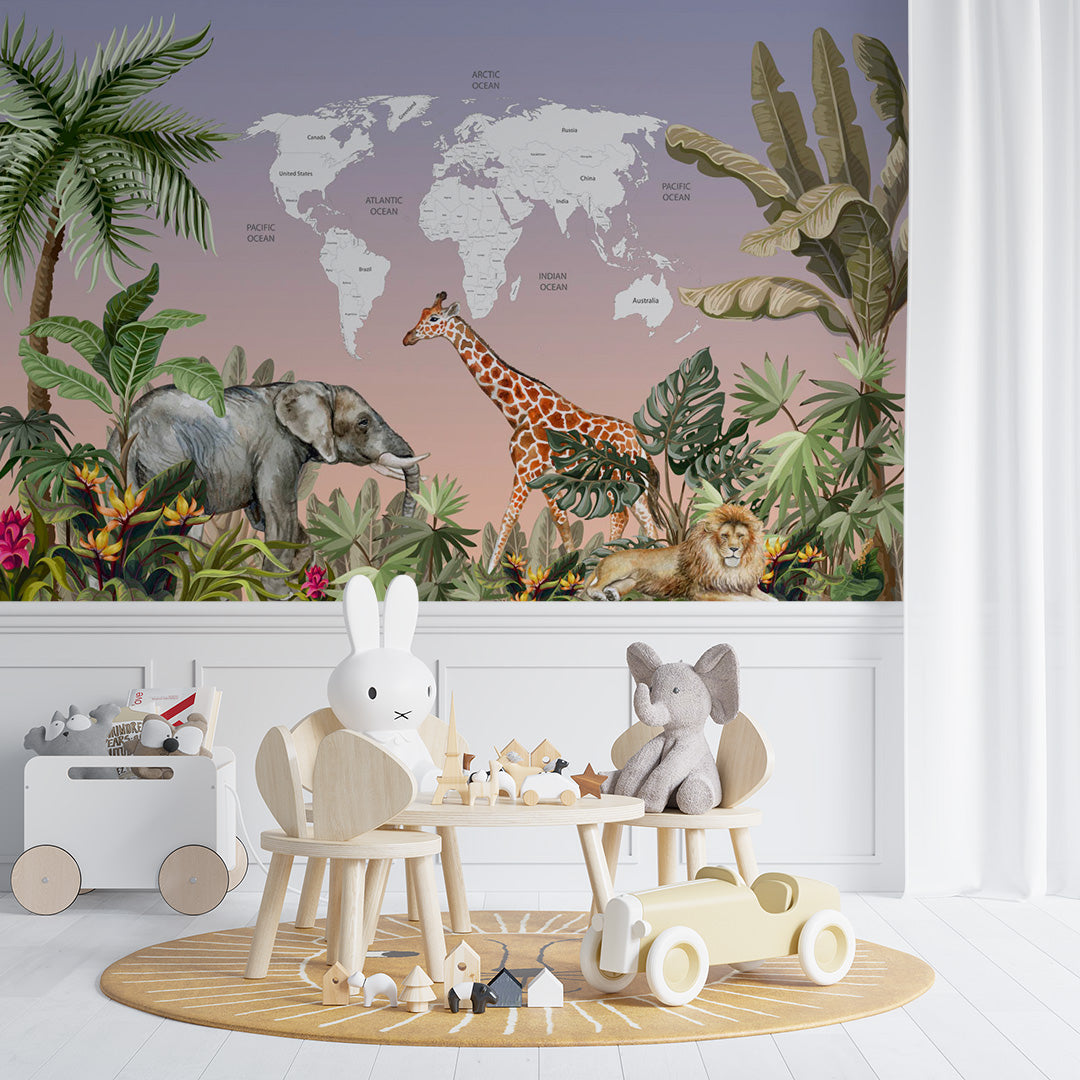 Custom Kids World Map Tropic Animals Wall Mural Decals Posters for Girls Boys Baby Wallpaper for Kids