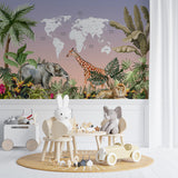 Kids World Map Tropic Animals Wall Mural Decals Posters for Girls Boys Baby Wallpaper for Kids