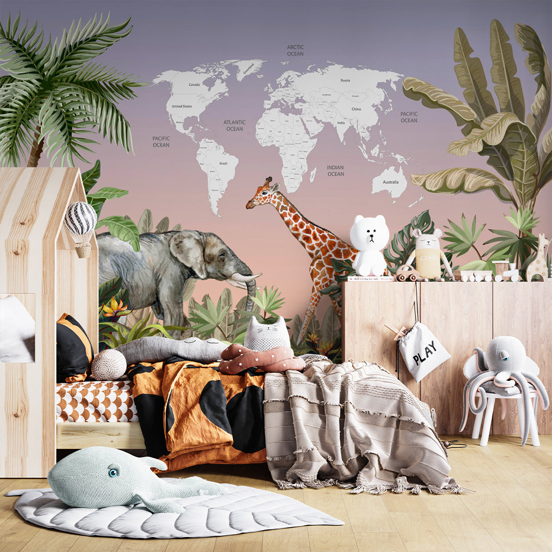 Kids World Map Tropic Animals Wall Mural Decals Posters for Girls Boys Baby Wallpaper for Kids