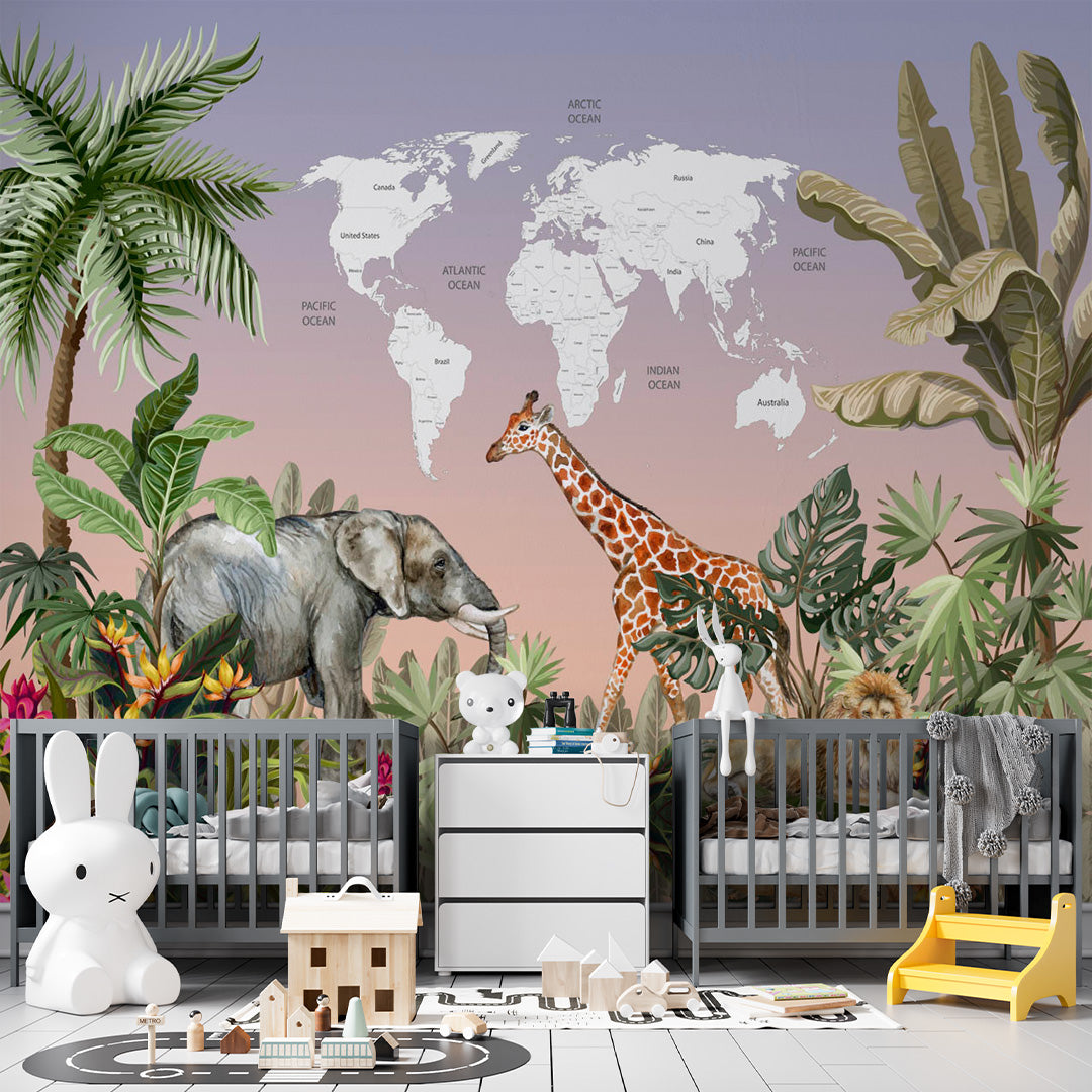 Kids World Map Tropic Animals Wall Mural Decals Posters for Girls Boys Baby Wallpaper for Kids