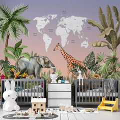 Custom Kids World Map Tropic Animals Wall Mural Decals Posters for Girls Boys Baby Wallpaper for Kids