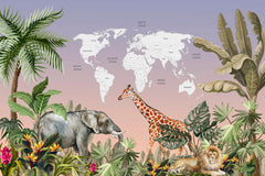 Custom Kids World Map Tropic Animals Wall Mural Decals Posters for Girls Boys Baby Wallpaper for Kids