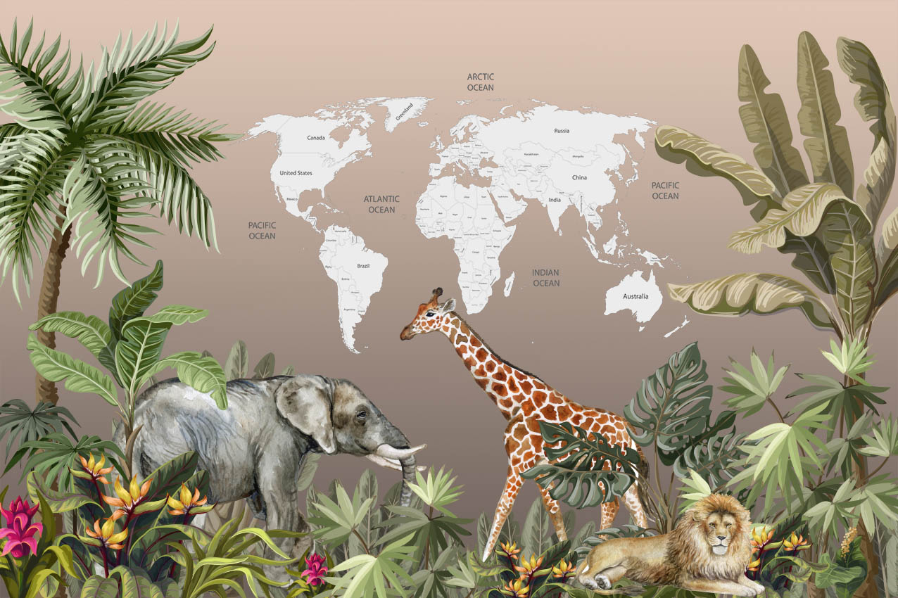 Kids World Map Safari Animals Wall Mural Decals Posters for Girls Boys Baby Wallpaper for Kids