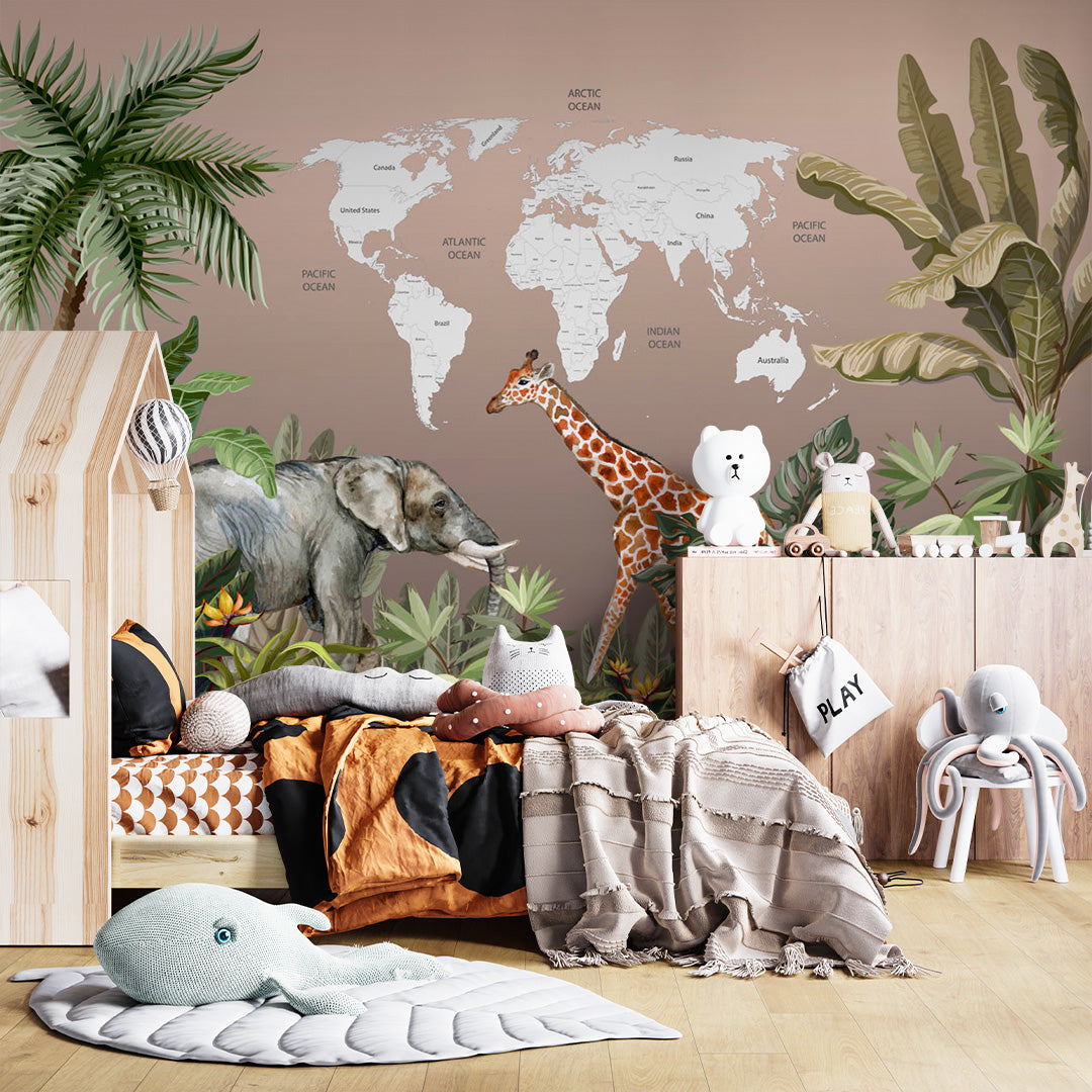 Kids World Map Safari Animals Wall Mural Decals Posters for Girls Boys Baby Wallpaper for Kids