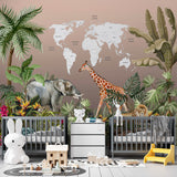 Kids World Map Safari Animals Wall Mural Decals Posters for Girls Boys Baby Wallpaper for Kids