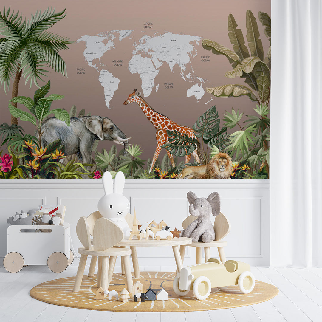 Kids World Map Safari Animals Wall Mural Decals Posters for Girls Boys Baby Wallpaper for Kids