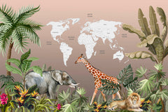 Custom Kids World Map Safari Animals Wall Mural Decals Posters for Girls Boys Baby Wallpaper for Kids