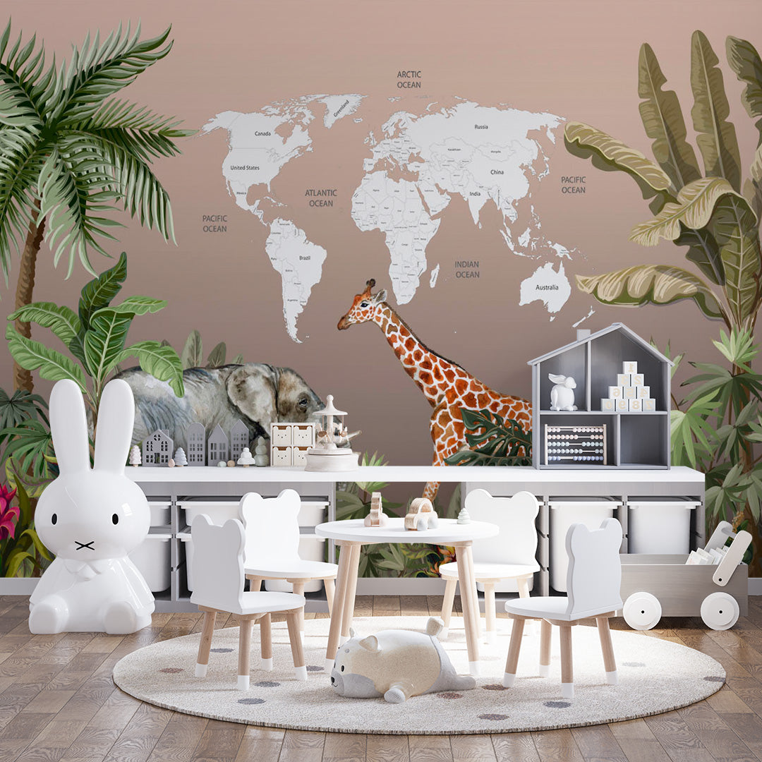 Kids World Map Safari Animals Wall Mural Decals Posters for Girls Boys Baby Wallpaper for Kids