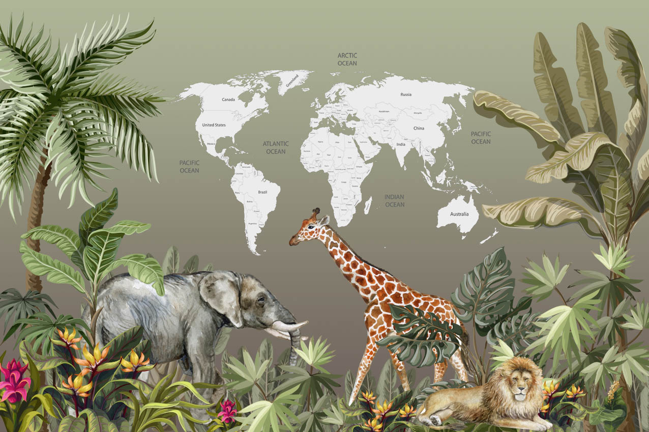 Kids World Map Jungle Animals Wall Mural Decals Posters for Girls Boys Baby Wallpaper for Kids