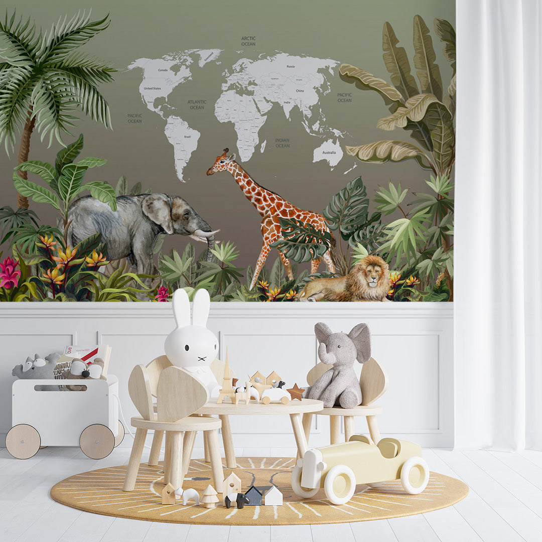 Kids World Map Jungle Animals Wall Mural Decals Posters for Girls Boys Baby Wallpaper for Kids