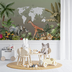 Custom Kids World Map Jungle Animals Wall Mural Decals Posters for Girls Boys Baby Wallpaper for Kids