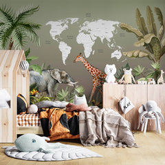 Custom Kids World Map Jungle Animals Wall Mural Decals Posters for Girls Boys Baby Wallpaper for Kids