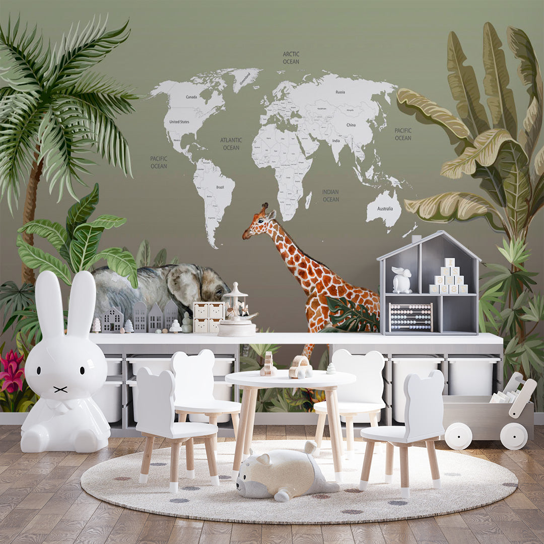 Kids World Map Jungle Animals Wall Mural Decals Posters for Girls Boys Baby Wallpaper for Kids