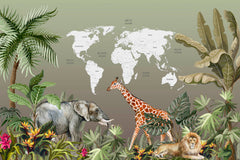 Custom Kids World Map Jungle Animals Wall Mural Decals Posters for Girls Boys Baby Wallpaper for Kids