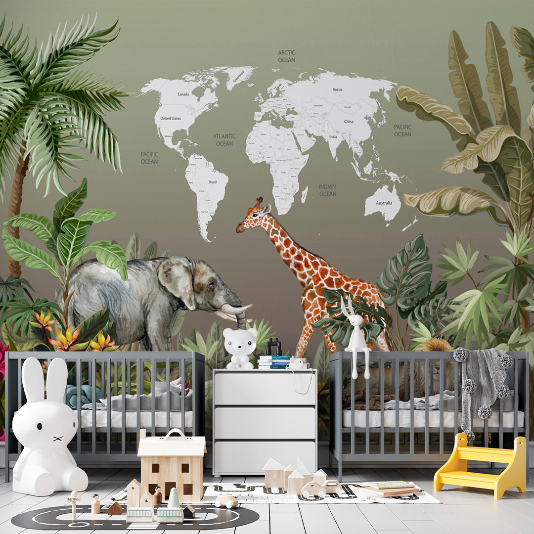 Kids World Map Jungle Animals Wall Mural Decals Posters for Girls Boys Baby Wallpaper for Kids