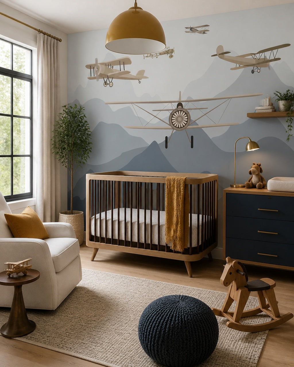 Vintage airplanes over the mountains kids room wallpaper in a modern nursery with a crib.