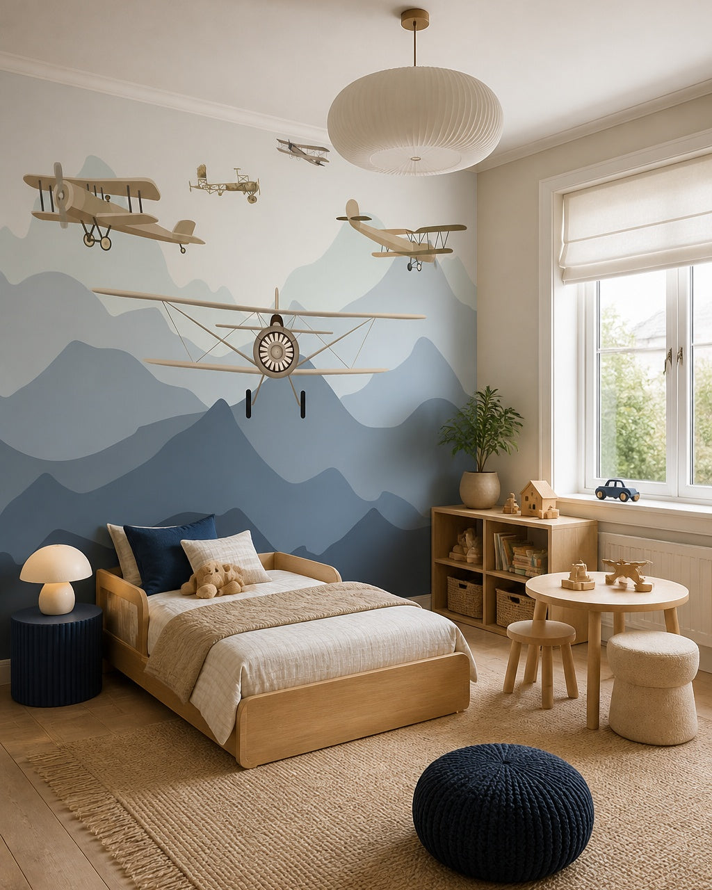 Vintage airplanes over the mountains kids room wallpaper in a toddler bedroom with a child-sized bed.