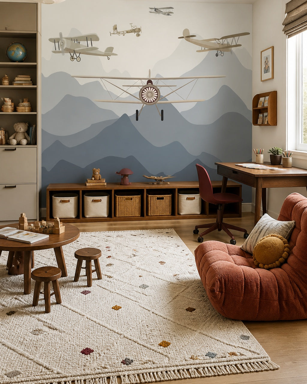 Vintage airplanes over the mountains kids room wallpaper in a children’s playroom.