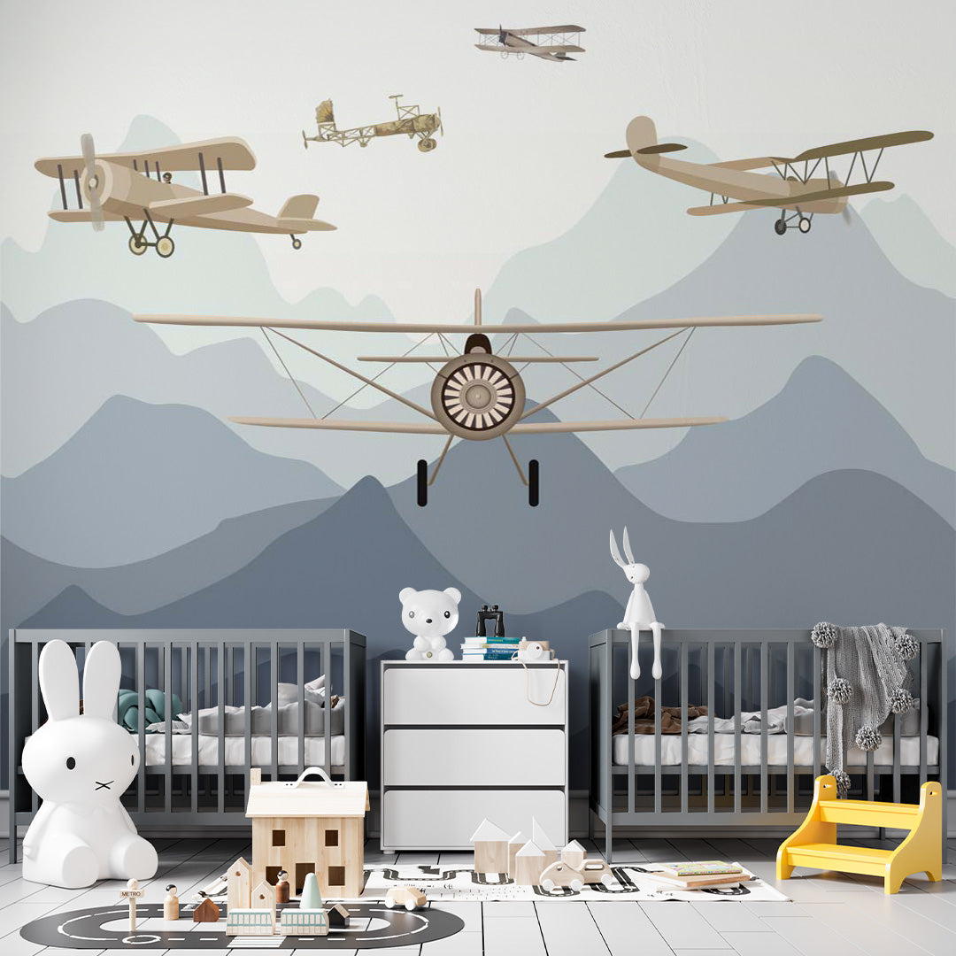 Kids Wall Mural Aircarfts Vintage Aeroplane Mountains Wallpaper for Kids