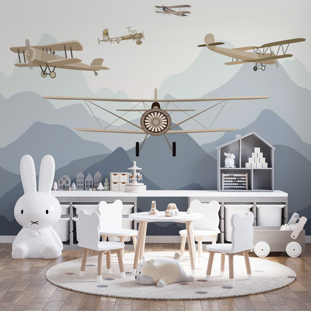 Kids Wall Mural Aircarfts Vintage Aeroplane Mountains Wallpaper for Kids