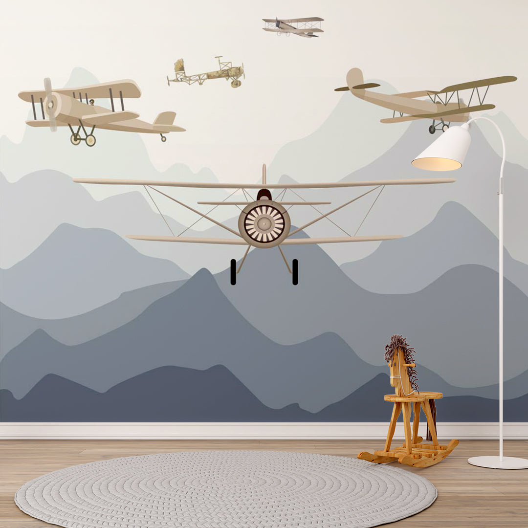 Custom Kids Wall Mural Aircarfts Vintage Aeroplane Mountains Wallpaper for Kids