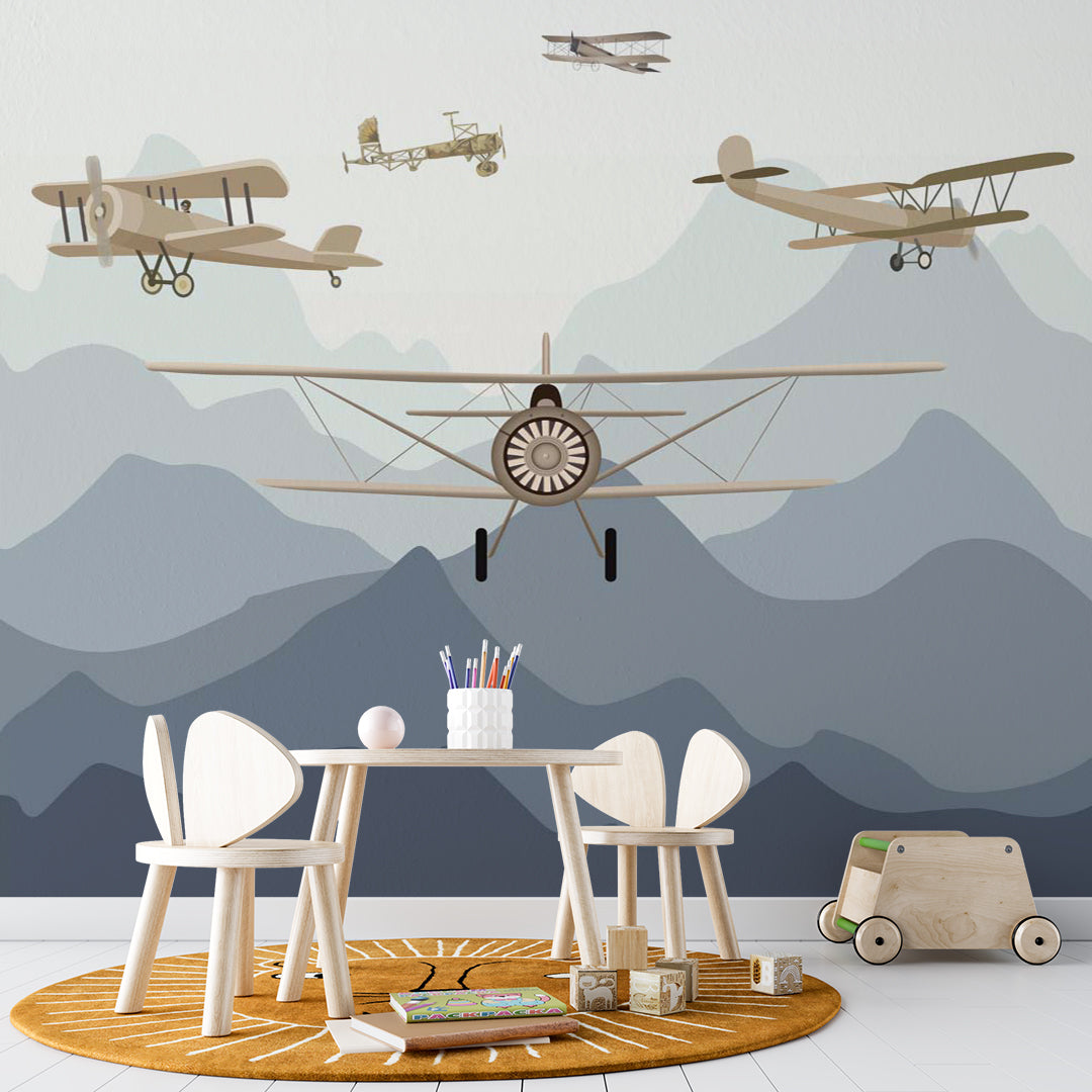 Kids Wall Mural Aircarfts Vintage Aeroplane Mountains Wallpaper for Kids