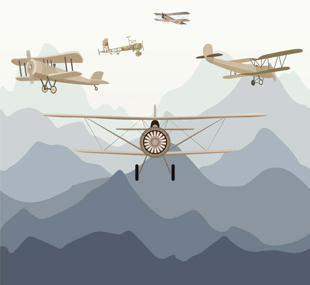 Vintage-Flugzeuge über den Bergen – Tapete fürs Kinderzimmer