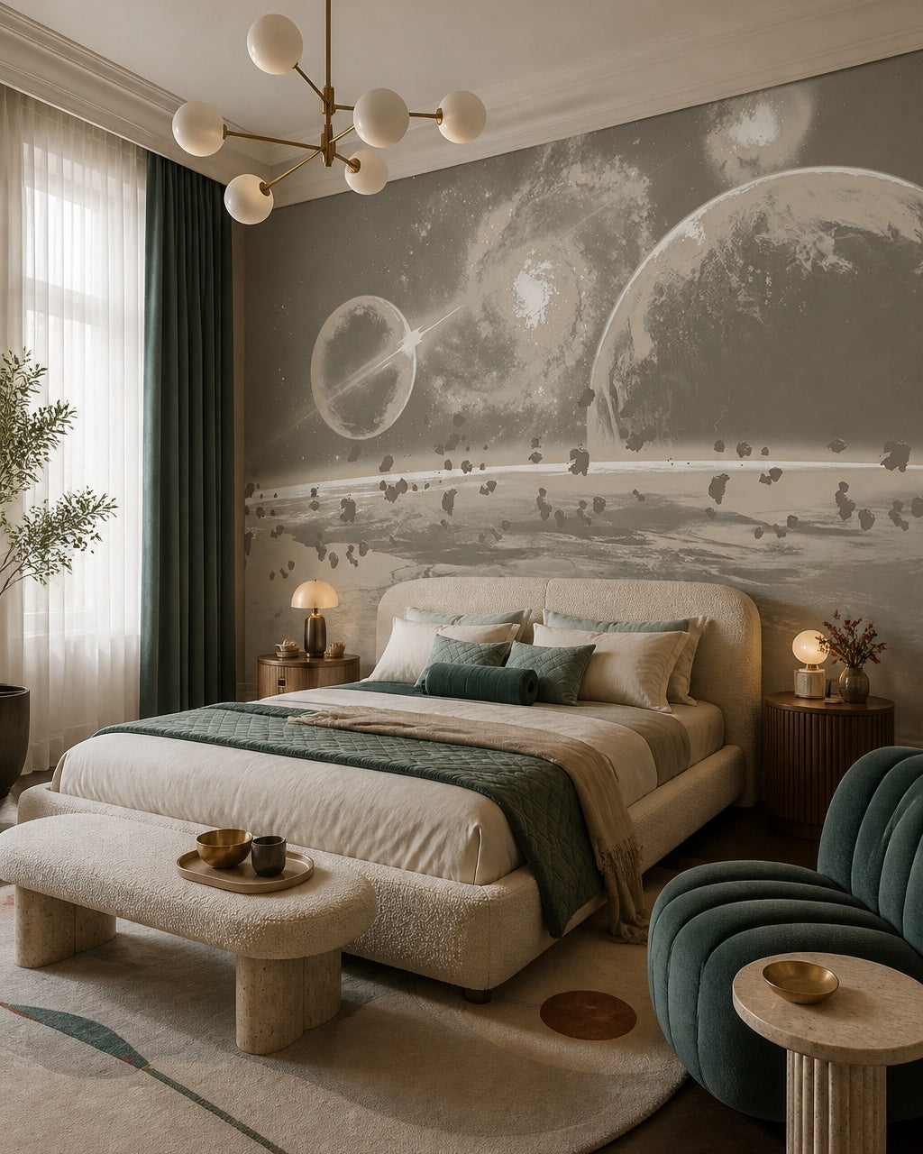 Beige galaxy wallpaper in a designer bedroom.